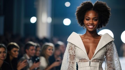 Beautiful top model black girl in the fashion week runway wearing white trendy costume