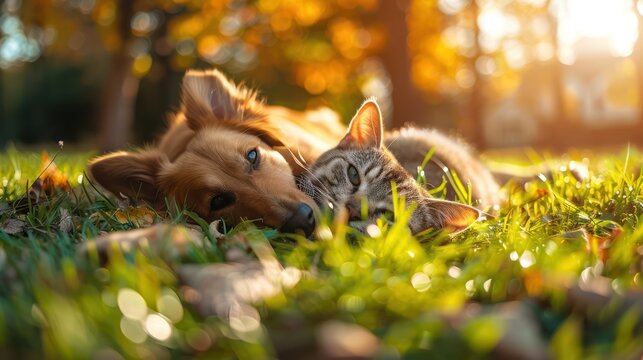 Cute dog and cat lying together on green meadow