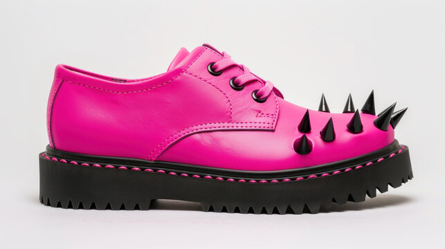 Fancy pink boot with metal spikes on white background