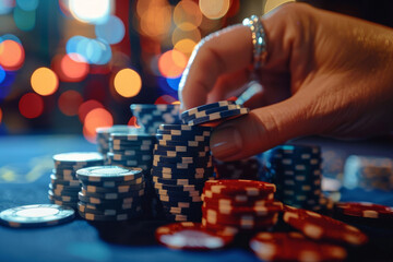 Naklejka premium Hand Stacking Poker Chips at Casino Table Against Blurry Background