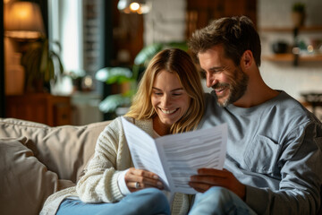 Happy Couple Reviewing Documents Together on Couch at Home