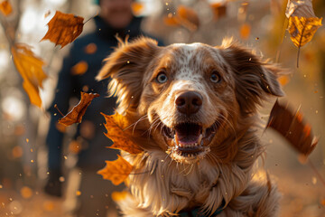 Autumn Bliss: Playful Dog Frolicking Among Falling Leaves