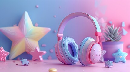 Vibrant 3D Rendering of Headphones and Plants in a Stylish Starburst Design, To provide a unique, colorful, and modern visual for commercial and