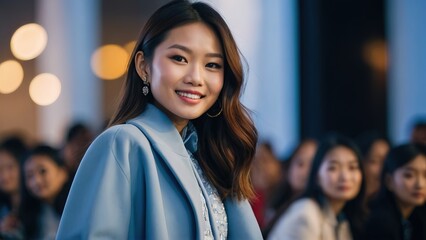 Beautiful top model asian girl in the fashion week runway wearing blue coat dress