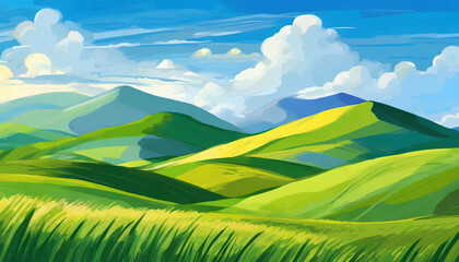Detailed illustration of summer fields, green grass and blue sky with clouds. Natural landscape.