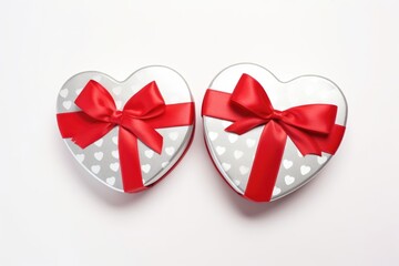 Two heart-shaped gift boxes with red bows on a white background.
