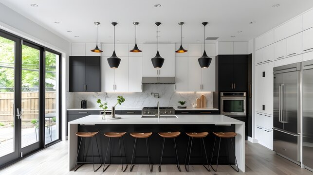 Contemporary Kitchen in Vancouver School Style with Black and White Cabinetry, High-quality stock photo for kitchen inspiration, kitchen remodel, or