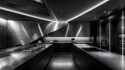 Futuristic Modern Kitchen with Black Metal Ceiling, To showcase a modern, high-end kitchen with a futuristic design, suitable for advertising and