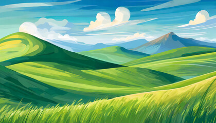 Obraz premium Detailed illustration of summer fields, green grass and blue sky with clouds. Natural landscape.