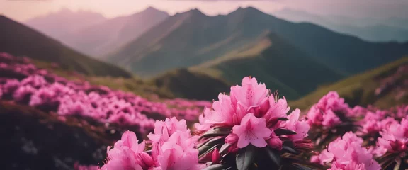 Stickers pour porte Azalée Magic pink rhododendron flowers on summer mountain