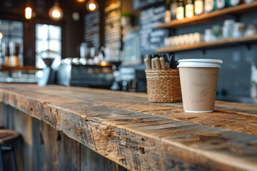 Close-up perspective of a textured wooden table with a defocused cafe setting in the background