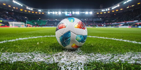 A professionally lit soccer stadium at night with a focus on the ball at the center circle, embodying the anticipation of a match