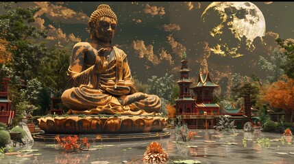 Buddha Statue Amidst Emerald Green Pond on Stormy Night, To convey a sense of serenity and peace amidst a stormy night, perfect for spiritual and