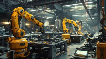 Robotic arms being processed in a modern, high quality factory.