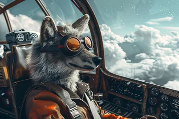 Fotobehang A cool scene in a cockpit with a wolf pilot wearing aviator sunglasses and a leather jacket confidently navigating the skies © Shutter2U