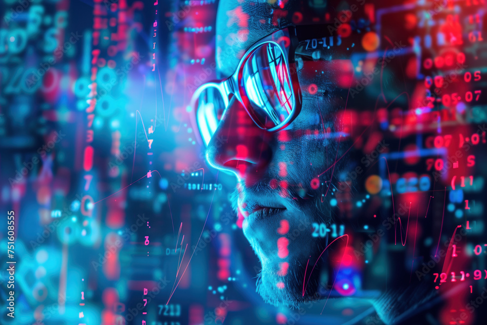 Poster a man's face overlayed with lights and computer code. hi-tech futuristic background. created with ge