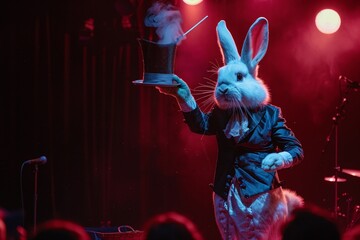 A lively performance scene where a rabbit magician wand in paw surprises spectators by reaching into a mysterious top hat on stage - obrazy, fototapety, plakaty