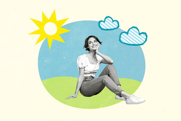 Collage pinup pop retro sketch image of dreamy lady enjoying outdoors good summer weather isolated beige color background