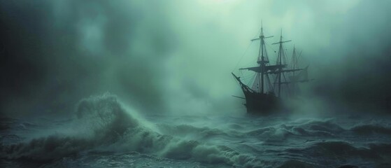 A lost ship battles a stormy sea in the Bermuda Triangle compass spinning out of control in mysterious fog - obrazy, fototapety, plakaty