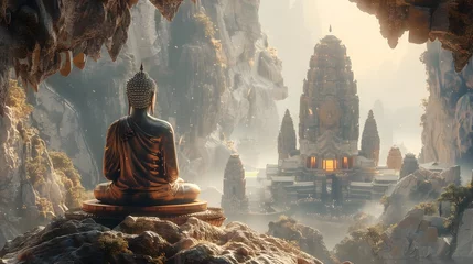 Keuken spatwand met foto Buddha Statue in a Cave Surrounded by Nature, To convey a sense of spirituality, peace, and tranquility, this image is perfect for use in religious © Sittichok