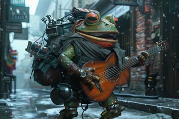 A moody alley scene with a robotic frog musician strumming a guitar and carrying a backpack filled with musical gadgets