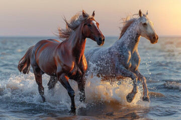 Two beautiful horses running through the ocean waters with a breathtaking sunset in the background
