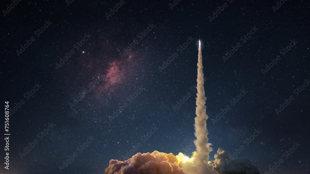 Poster space rocket with a blast and puffs of smoke successfully takes off into the starry sky. the beginni