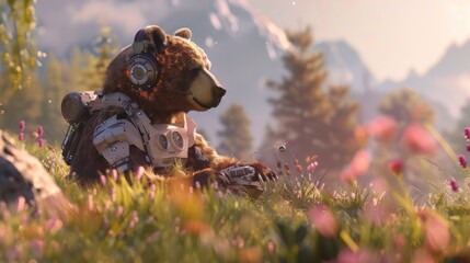 A serene meadow setting with a bear journalist wearing headphones accompanied by a nanobot capturing the tranquility of nature - obrazy, fototapety, plakaty