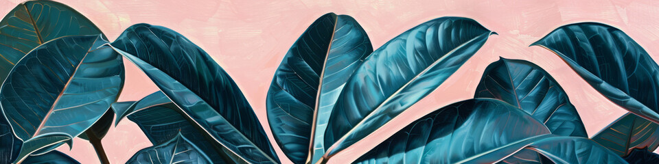 Detailed portrait of glossy rubber tree leaves on a coral backdrop