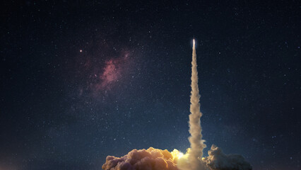 Space rocket with a blast and puffs of smoke successfully takes off into the starry sky. The...