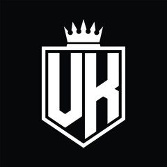 VK Logo monogram bold shield geometric shape with crown outline black and white style design