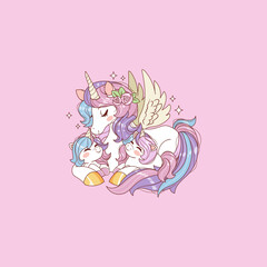 cute illustration of mommy unicorn hugging her baby unicorns