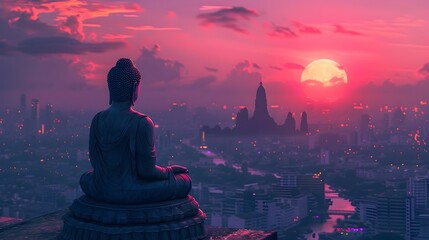 Buddha Statue Overlooking City at Sunset, To provide a unique and visually appealing image for use in advertising, web design, or other visual media
