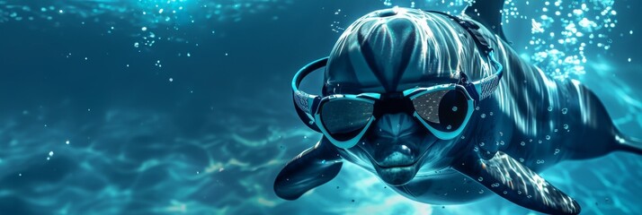 An adventurous portrayal of a dolphin equipped as a spy using specialized gadgets and scuba gear in a deep sea espionage mission