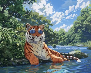 An AI teacher in the form of a tiger wearing sunglasses giving lessons by a serene river symbolizing the fusion of nature and technology