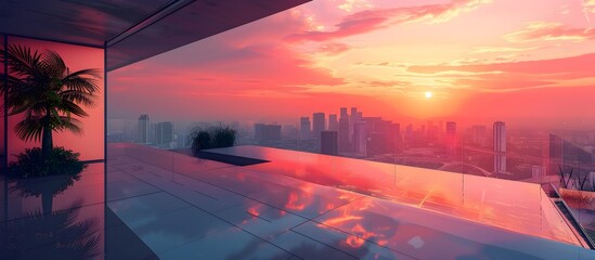 Stunning Anime-style Sunset over a City Rooftop Pool