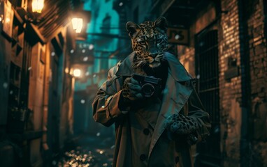 Fototapeta na wymiar An atmospheric portrayal of a leopard detective roaming city streets at night in a trench coat vintage camera in paw for evidence gathering