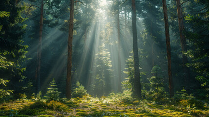 Natural Forest of Spruce Trees, Sunbeams through Fog create mystic Atmosphere. - obrazy, fototapety, plakaty