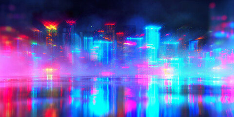 A vibrant, blurred cityscape with neon lights and reflections in water