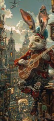 An imaginative scene of a rabbit shaped automaton serving as a doctor strumming a guitar against a bustling cityscape backdrop