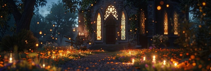 Candlelit vigil outside a historic church marigold path underfoot soft prayers starry night sky - obrazy, fototapety, plakaty