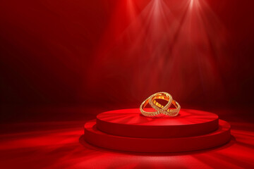 A luxurious red podium background with a pair of intertwined golden rings, under a soft, romantic spotlight, embodying the eternal bond of love