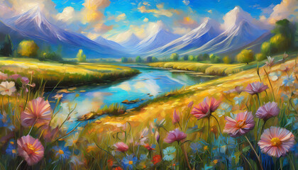 Fototapeta na wymiar Oil painting of landscape with mountains, river, blooming trees and flowers, green meadow. Spring season