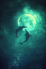 beauty beneath the waves—a realm of unparalleled wonder. Behold a spectrum of fifty shades of mesmerizing blue and green hues, where two graceful dolphins dance in the mystical depths.