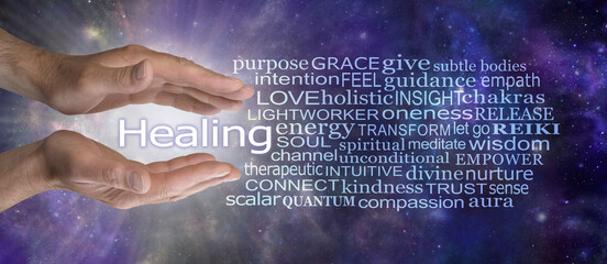 Words associated with being a Healing practitioner - male parallel hands beside a HEALING word...