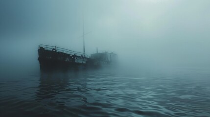 Obraz premium In the Bermuda Triangle a stormy sea engulfs a lost ship compass useless in the mysterious fog