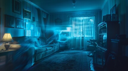 Levitating objects in a family home night camera captures poltergeist activity scared family watches - obrazy, fototapety, plakaty