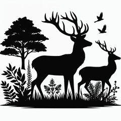 Free vector silhouette deer in nature white background