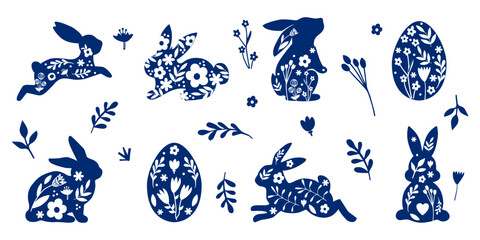 Happy Easter, decorated Easter card, banner. Bunnies, Easter eggs, flowers and a basket. Patterned design in folk style. Vector illustration.