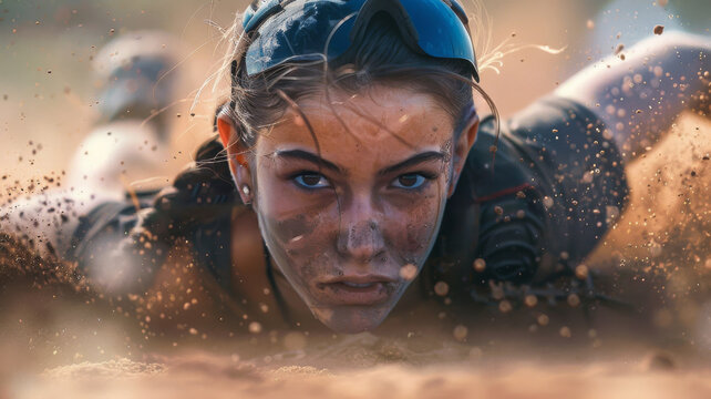 A closeup of a young woman's sliding into home plate head first